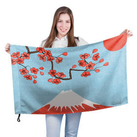 Флаг 3D с принтом Гора Фудзияма , 100% полиэстер | плотность ткани — 95 г/м2, размер — 67 х 109 см. Принт наносится с одной стороны | белый | вершина | вишня | зима | красный | сакура | синий | снег | япония
