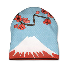 Шапка 3D с принтом Гора Фудзияма , 100% полиэстер | универсальный размер, печать по всей поверхности изделия | Тематика изображения на принте: белый | вершина | вишня | зима | красный | сакура | синий | снег | япония