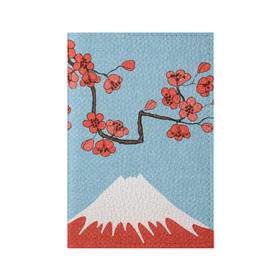 Обложка для паспорта матовая кожа с принтом Гора Фудзияма , натуральная матовая кожа | размер 19,3 х 13,7 см; прозрачные пластиковые крепления | Тематика изображения на принте: белый | вершина | вишня | зима | красный | сакура | синий | снег | япония