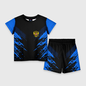 Детский костюм с шортами 3D с принтом Russia sport collection BLUE ,  |  | abstraction | grunge | russia | sport | абстракция | герб | краска | русский | символика рф | спорт | спортивный | триколор | униформа | форма | я русский