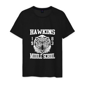 Мужская футболка хлопок с принтом Hawkins middle school , 100% хлопок | прямой крой, круглый вырез горловины, длина до линии бедер, слегка спущенное плечо. | hawkins | stranger things | очень странные дела | хоукинс