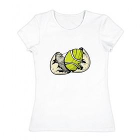 Женская футболка хлопок с принтом Мяч в скорлупе , 100% хлопок | прямой крой, круглый вырез горловины, длина до линии бедер, слегка спущенное плечо | sport | tennis | мяч | скорлупа | спорт | теннис