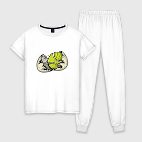 Женская пижама хлопок с принтом Мяч в скорлупе , 100% хлопок | брюки и футболка прямого кроя, без карманов, на брюках мягкая резинка на поясе и по низу штанин | sport | tennis | мяч | скорлупа | спорт | теннис