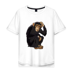 Мужская футболка хлопок Oversize с принтом Обезьяна думает , 100% хлопок | свободный крой, круглый ворот, “спинка” длиннее передней части | думать | животное | мавпа | обезьяна | человек