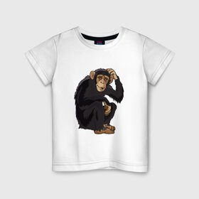 Детская футболка хлопок с принтом Обезьяна думает , 100% хлопок | круглый вырез горловины, полуприлегающий силуэт, длина до линии бедер | Тематика изображения на принте: думать | животное | мавпа | обезьяна | человек
