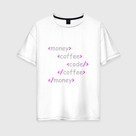 Женская футболка хлопок Oversize с принтом Front-end разработка , 100% хлопок | свободный крой, круглый ворот, спущенный рукав, длина до линии бедер
 | code | coffee | front end | html | money | деньги | код | кофе