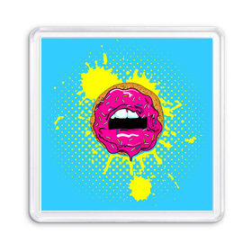 Магнит 55*55 с принтом Donut lips , Пластик | Размер: 65*65 мм; Размер печати: 55*55 мм | donut | kiss | lips | pop art | splash | sweet | брызги | губы | пончик | поп арт