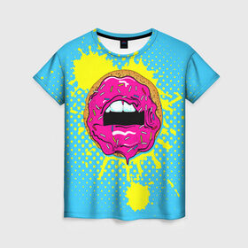 Женская футболка 3D с принтом Donut lips , 100% полиэфир ( синтетическое хлопкоподобное полотно) | прямой крой, круглый вырез горловины, длина до линии бедер | Тематика изображения на принте: donut | kiss | lips | pop art | splash | sweet | брызги | губы | пончик | поп арт