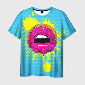 Мужская футболка 3D с принтом Donut lips , 100% полиэфир | прямой крой, круглый вырез горловины, длина до линии бедер | donut | kiss | lips | pop art | splash | sweet | брызги | губы | пончик | поп арт