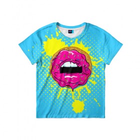 Детская футболка 3D с принтом Donut lips , 100% гипоаллергенный полиэфир | прямой крой, круглый вырез горловины, длина до линии бедер, чуть спущенное плечо, ткань немного тянется | donut | kiss | lips | pop art | splash | sweet | брызги | губы | пончик | поп арт