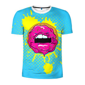 Мужская футболка 3D спортивная с принтом Donut lips , 100% полиэстер с улучшенными характеристиками | приталенный силуэт, круглая горловина, широкие плечи, сужается к линии бедра | donut | kiss | lips | pop art | splash | sweet | брызги | губы | пончик | поп арт