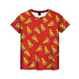Женская футболка 3D с принтом Pizza red , 100% полиэфир ( синтетическое хлопкоподобное полотно) | прямой крой, круглый вырез горловины, длина до линии бедер | fast food | pizza | еда | пицца | фастфуд