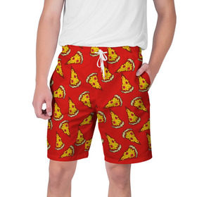 Мужские шорты 3D с принтом Pizza red ,  полиэстер 100% | прямой крой, два кармана без застежек по бокам. Мягкая трикотажная резинка на поясе, внутри которой широкие завязки. Длина чуть выше колен | fast food | pizza | еда | пицца | фастфуд