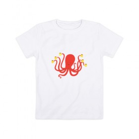 Детская футболка хлопок с принтом Осьминог и кофе , 100% хлопок | круглый вырез горловины, полуприлегающий силуэт, длина до линии бедер | кофе | море | океан | осьминоги | чай