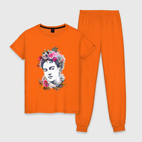 Женская пижама хлопок с принтом Фрида Кало , 100% хлопок | брюки и футболка прямого кроя, без карманов, на брюках мягкая резинка на поясе и по низу штанин | фрида кало