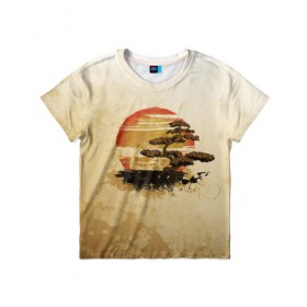 Детская футболка 3D с принтом Дерево на закате , 100% гипоаллергенный полиэфир | прямой крой, круглый вырез горловины, длина до линии бедер, чуть спущенное плечо, ткань немного тянется | дерево | закат | солнце | япония