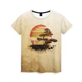 Женская футболка 3D с принтом Дерево на закате , 100% полиэфир ( синтетическое хлопкоподобное полотно) | прямой крой, круглый вырез горловины, длина до линии бедер | дерево | закат | солнце | япония