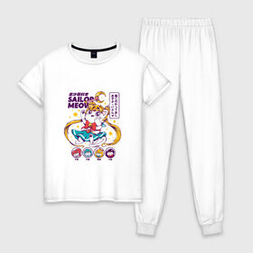 Женская пижама хлопок с принтом Sailor Moon , 100% хлопок | брюки и футболка прямого кроя, без карманов, на брюках мягкая резинка на поясе и по низу штанин | кот | котики | сейлор мун