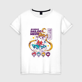 Женская футболка хлопок с принтом Sailor Moon , 100% хлопок | прямой крой, круглый вырез горловины, длина до линии бедер, слегка спущенное плечо | кот | котики | сейлор мун