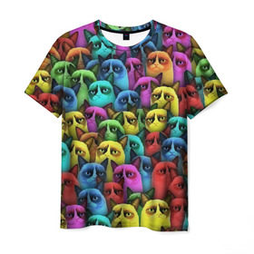 Мужская футболка 3D с принтом Разноцветные сердитые коты , 100% полиэфир | прямой крой, круглый вырез горловины, длина до линии бедер | Тематика изображения на принте: cat | grumpy | грустный | злой | кот | кошка | мем | паттерн | радуга