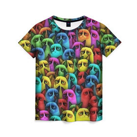 Женская футболка 3D с принтом Разноцветные сердитые коты , 100% полиэфир ( синтетическое хлопкоподобное полотно) | прямой крой, круглый вырез горловины, длина до линии бедер | cat | grumpy | грустный | злой | кот | кошка | мем | паттерн | радуга