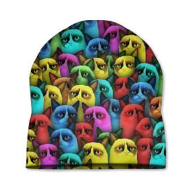 Шапка 3D с принтом Разноцветные сердитые коты , 100% полиэстер | универсальный размер, печать по всей поверхности изделия | cat | grumpy | грустный | злой | кот | кошка | мем | паттерн | радуга