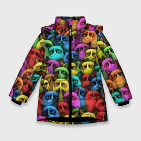Зимняя куртка для девочек 3D с принтом Разноцветные сердитые коты , ткань верха — 100% полиэстер; подклад — 100% полиэстер, утеплитель — 100% полиэстер. | длина ниже бедра, удлиненная спинка, воротник стойка и отстегивающийся капюшон. Есть боковые карманы с листочкой на кнопках, утяжки по низу изделия и внутренний карман на молнии. 

Предусмотрены светоотражающий принт на спинке, радужный светоотражающий элемент на пуллере молнии и на резинке для утяжки. | cat | grumpy | грустный | злой | кот | кошка | мем | паттерн | радуга