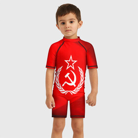 Детский купальный костюм 3D с принтом СССР , Полиэстер 85%, Спандекс 15% | застежка на молнии на спине | abstraction | cccр | grunge | russia | sport | абстракция | герб | краска | русский | символика рф | спорт | спортивный | триколор | униформа | форма | я русский