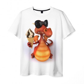 Мужская футболка 3D с принтом Добрый дракон , 100% полиэфир | прямой крой, круглый вырез горловины, длина до линии бедер | Тематика изображения на принте: дракон | дракончик | змей | мороженное | чудовище | ящерица