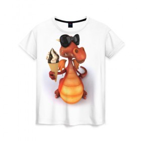 Женская футболка 3D с принтом Добрый дракон , 100% полиэфир ( синтетическое хлопкоподобное полотно) | прямой крой, круглый вырез горловины, длина до линии бедер | дракон | дракончик | змей | мороженное | чудовище | ящерица