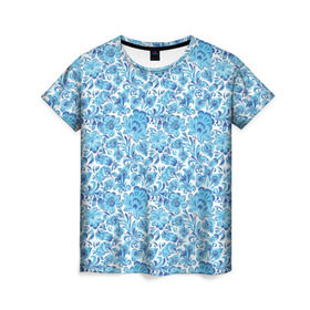 Женская футболка 3D с принтом Гжель , 100% полиэфир ( синтетическое хлопкоподобное полотно) | прямой крой, круглый вырез горловины, длина до линии бедер | гжель | роспись | цветы