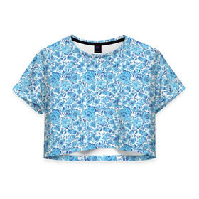 Женская футболка 3D укороченная с принтом Гжель , 100% полиэстер | круглая горловина, длина футболки до линии талии, рукава с отворотами | гжель | роспись | цветы