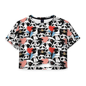 Женская футболка 3D укороченная с принтом Funny Panda , 100% полиэстер | круглая горловина, длина футболки до линии талии, рукава с отворотами | bear | heart | positive | медведь | мишка | орнамент | панда | подарок | позитив | сердечки | сердце | сюрприз | узор