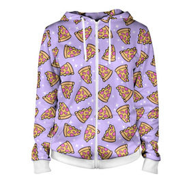 Женская толстовка 3D на молнии с принтом Пицца Мун , 100% полиэстер | длина до линии бедра, манжеты и пояс оформлены мягкой тканевой резинкой, двухслойный капюшон со шнурком для регулировки, спереди молния, по бокам два кармана | food | pattern | pizza | sailor moon | еда | паттерн | пицца | сейлор мун