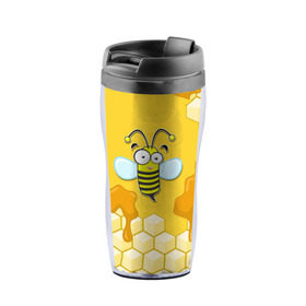 Термокружка-непроливайка с принтом Пчелка , внутренняя часть — пищевой пластик, наружная часть — прозрачный пластик, между ними — полиграфическая вставка с рисунком | объем — 350 мл, герметичная крышка | животные | лето | мед | насекомые | природа | пчела | пчелка | соты