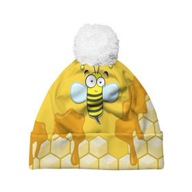 Шапка 3D c помпоном с принтом Пчелка , 100% полиэстер | универсальный размер, печать по всей поверхности изделия | животные | лето | мед | насекомые | природа | пчела | пчелка | соты