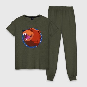 Женская пижама хлопок с принтом Bear for Hire , 100% хлопок | брюки и футболка прямого кроя, без карманов, на брюках мягкая резинка на поясе и по низу штанин | Тематика изображения на принте: bear for hire | far cry 5 | медведь | фар край 5