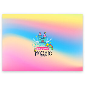 Поздравительная открытка с принтом Create your own magic , 100% бумага | плотность бумаги 280 г/м2, матовая, на обратной стороне линовка и место для марки
 | Тематика изображения на принте: girl | life | name | rainbow | букет | девочки | дети | животные | позитив | радуга | смайл | счастье | текстура