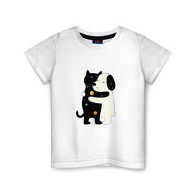 Детская футболка хлопок с принтом Обнимашки , 100% хлопок | круглый вырез горловины, полуприлегающий силуэт, длина до линии бедер | cat | в горох | космический | космос | кот | кошка | любовь | милый | пес | собака