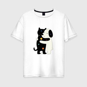 Женская футболка хлопок Oversize с принтом Обнимашки , 100% хлопок | свободный крой, круглый ворот, спущенный рукав, длина до линии бедер
 | cat | в горох | космический | космос | кот | кошка | любовь | милый | пес | собака