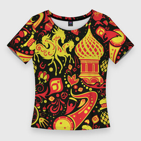 Женская футболка 3D Slim с принтом Орнамент   Россия ,  |  | Тематика изображения на принте: купол | паттерн | русь | тройка | хохлома