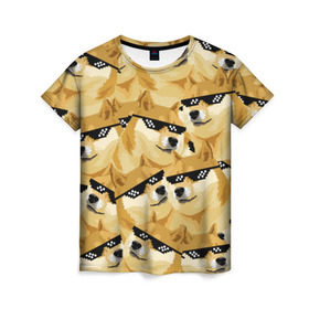 Женская футболка 3D с принтом Doge мем в deal with it очках , 100% полиэфир ( синтетическое хлопкоподобное полотно) | прямой крой, круглый вырез горловины, длина до линии бедер | deal with it очки | doge | meme | мем | мемы | сиба ину | сиба ину мем