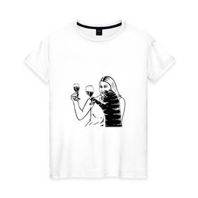 Женская футболка хлопок с принтом Котик и Вино , 100% хлопок | прямой крой, круглый вырез горловины, длина до линии бедер, слегка спущенное плечо | винчик | выпьем за любовь | женщина | кот