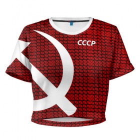 Женская футболка 3D укороченная с принтом СССР СПОРТ , 100% полиэстер | круглая горловина, длина футболки до линии талии, рукава с отворотами | клетка | красный | молот | паттерн | серп