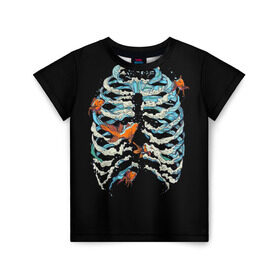 Детская футболка 3D с принтом Ребра из Воды , 100% гипоаллергенный полиэфир | прямой крой, круглый вырез горловины, длина до линии бедер, чуть спущенное плечо, ткань немного тянется | Тематика изображения на принте: анатомия | вода | океан | рыбы | скелет