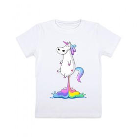 Детская футболка хлопок с принтом Единорог радуга , 100% хлопок | круглый вырез горловины, полуприлегающий силуэт, длина до линии бедер | Тематика изображения на принте: rainbow | unicorn | радужный