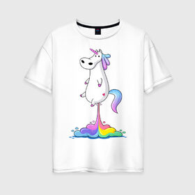 Женская футболка хлопок Oversize с принтом Единорог радуга , 100% хлопок | свободный крой, круглый ворот, спущенный рукав, длина до линии бедер
 | rainbow | unicorn | радужный