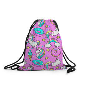 Рюкзак-мешок 3D с принтом Котики и Единороги , 100% полиэстер | плотность ткани — 200 г/м2, размер — 35 х 45 см; лямки — толстые шнурки, застежка на шнуровке, без карманов и подкладки | единорог | мороженое | пони | пончики | радуга | розовый