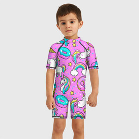 Детский купальный костюм 3D с принтом Котики и Единороги , Полиэстер 85%, Спандекс 15% | застежка на молнии на спине | единорог | мороженое | пони | пончики | радуга | розовый
