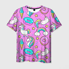 Мужская футболка 3D с принтом Котики и Единороги , 100% полиэфир | прямой крой, круглый вырез горловины, длина до линии бедер | единорог | мороженое | пони | пончики | радуга | розовый
